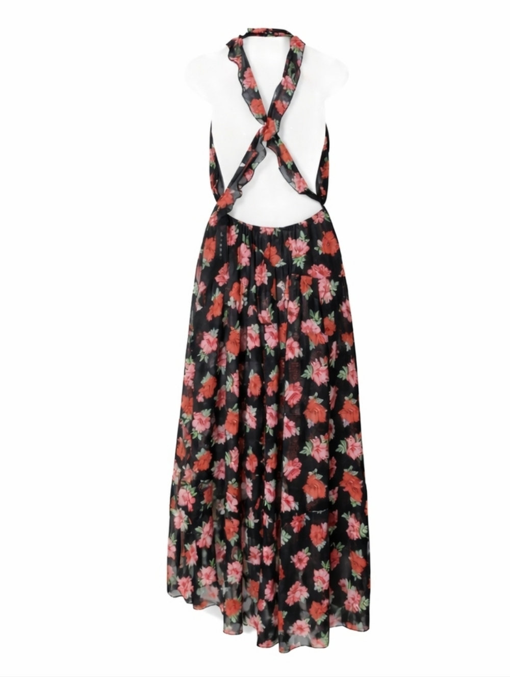 Lulu’s Black Floral Halter Maxi Dress Size Small Open Back Flowy Boho - Picture 2 of 4